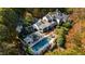 Aerial view of a beautiful estate featuring a pool, manicured gardens, and a sprawling residence at 303 Laurel Hill Road, Chapel Hill, NC 27514