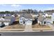 Aerial view of a neighborhood featuring a two-story house with blue siding and a two-car garage at 3517 Strawberry Patch Row, Raleigh, NC 27604
