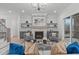 Bright living room with a stone fireplace, built in shelving, stylish furniture and sliding glass doors to the back patio at 4508 Chandler Creek Pl, Apex, NC 27539