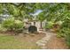 Secluded backyard featuring a stone patio with a grill, seating, and lush landscaping at 613 S Fuquay Ave, Fuquay Varina, NC 27526