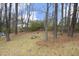 A view of the backyard with mature trees, a picnic table, and ample space at 104 Hickory Glen Ln, Durham, NC 27703