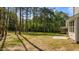 Exterior shot of the home's back yard showing the new construction, lawn, and surrounding trees at 25 Arbor Dr, Youngsville, NC 27596