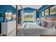 A main bedroom with bright blue walls, large windows, a wooden framed bed, dresser, and stylish decor at 415 Swift Creek Farm Ln, Clayton, NC 27520