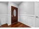 Welcoming foyer featuring a decorative front door and detailed white wainscoting at 4002 Rothfield Ln, Raleigh, NC 27616