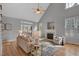 Bright living room features vaulted ceilings, hardwood floors, fireplace, and multiple window views to backyard at 5806 Whispering Meadow Ln, Durham, NC 27712