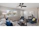 Bright living room with a ceiling fan, neutral walls and gray furnishings at 838 Waring St, Durham, NC 27704