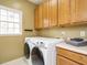 Laundry room boasting modern washer/dryer appliances with wood cabinets and a window at 110 Forest Run Pl, Cary, NC 27518
