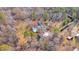 Aerial shot of an estate featuring a pool, mature trees, and private driveway amidst serene landscape and outbuildings at 520 Log Barn Rd, Pittsboro, NC 27312