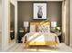 Cozy primary bedroom featuring lamps, a decorative mirror, and black and gold accents at 5322 River Reach Dr, Raleigh, NC 27616