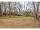 Large backyard with mature trees and a mix of grass and natural ground cover at 7 Harrigan Ct, Durham, NC 27705
