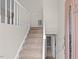 Carpeted staircase with white railing leading to a pink front door and hallway with a basement entrance at 7 Harrigan Ct, Durham, NC 27705