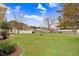 Spacious backyard featuring green grass, various trees, and a glimpse of neighboring structures under a partly cloudy sky at 112 E Main St, Micro, NC 27555