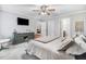 Comfortable bedroom features neutral walls, carpet, and an overhead fan with a light at 112 E Main St, Micro, NC 27555