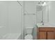 Bathroom featuring a bath/shower combo, a toilet, and a vanity with a sink and mirror at 4821 Heathshire Dr, Raleigh, NC 27616