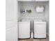 Functional laundry room with modern washer and dryer, plus shelving for storage, making laundry efficient and organized at 7802 Flatrock Park Dr # 131, Knightdale, NC 27545