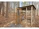 This image features a chicken coop in a wooded area, with metal roof and wire mesh at 7904 Kingsland Dr, Raleigh, NC 27613