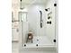 Modern walk-in shower features white tile, black fixtures, and glass surround at 970 Double Helix Rd, Apex, NC 27523
