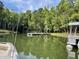 Scenic view of the lake with a wooden dock surrounded by lush greenery and clear skies at 98 Beach Ln, Henderson, NC 27537