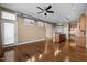Spacious living area with hardwood floors, exposed ductwork, and an open layout to the kitchen and dining area at 300 Finsbury St # 313, Durham, NC 27703