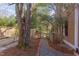 Backyard with gravel path, storage shed, mature trees, and wood fence at 300 Mccauley St, Chapel Hill, NC 27516
