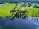 Breathtaking aerial view of waterfront homes with docks and lush green lawns in a tranquil community at 309 Shoreline Dr, Princeton, NC 27569