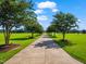 Long driveway lined with trees leading to a luxurious property with a manicured lawn and gardens at 309 Shoreline Dr, Princeton, NC 27569