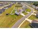 Aerial view of a new construction community with manicured lawns, sidewalks, and street parking at 350 Arlie Ln, Lillington, NC 27546