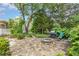 Backyard stone patio with a fire pit, grill, and seating for outdoor entertaining and relaxation at 8324 Humie Olive Rd, Apex, NC 27502