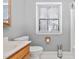 Functional bathroom with toilet, sink, and shower with a window offering natural light at 1201 Deerfield Dr, Cary, NC 27511