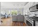 An updated eat-in kitchen featuring stainless appliances and a view into a living space at 1304 N Duke St, Durham, NC 27701