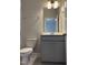 Compact bathroom with a gray vanity, white toilet, and a large mirror above the sink at 1913 Fishamble St, Fuquay Varina, NC 27526