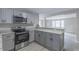 Modern kitchen featuring gray cabinets, granite countertops, and stainless steel appliances at 4814 Fayetteville Rd, Durham, NC 27713