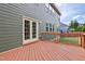 Spacious wood deck with access to the backyard on a home with neutral colored siding at 701 Prince Dr, Holly Springs, NC 27540