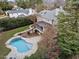 Aerial view showcases a backyard oasis with pool, lush landscaping, and screened porch at 705 Glen Eden Dr, Raleigh, NC 27612