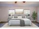 Bright primary bedroom with a ceiling fan, plush bedding, and two windows for lots of natural light at 7850 Nc 42, Holly Springs, NC 27540