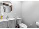 Clean half bathroom featuring white vanity, toilet, light grey walls, and round mirror at 1127 W Webb Ave, Burlington, NC 27217