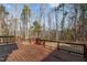 Wooden deck with railing overlooking a wooded backyard at 290 Whistlers Cv, Louisburg, NC 27549