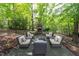 Cozy outdoor living space with comfortable seating around a stone fireplace, nestled among mature trees at 3359 Hampton Rd, Raleigh, NC 27607