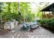 Backyard with stone patio, outdoor kitchen, and dining area, surrounded by mature trees for privacy at 3359 Hampton Rd, Raleigh, NC 27607
