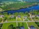 Aerial view of a lake community showcasing well-manicured lawns, luxurious homes, and scenic waterfront views at 93 Shoreline Dr, Princeton, NC 27569