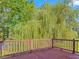 Spacious wooden deck overlooking the backyard and lush greenery at 93 Shoreline Dr, Princeton, NC 27569
