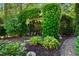 Lush garden with a vine-covered trellis, flowering plants, and a charming bench creating a tranquil outdoor space at 266 Perfect Moment Dr, Durham, NC 27713