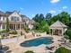 A beautiful backyard with a large in-ground pool, patio with furniture, and lush landscaping at 266 Perfect Moment Dr, Durham, NC 27713