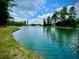 Peaceful view of pond featuring lush green landscaping and blue sky, perfect for relaxation at 1785 Birdhaven Ln, Wendell, NC 27591