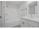 Bathroom featuring modern fixtures, a shower-tub combo, and a stylish vanity with storage at 408 Charlotte Ave, Sanford, NC 27330