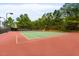 Outdoor tennis court on a sunny day with a red and green surface and surrounding mature trees at 6205 Roles Saddle Dr, Rolesville, NC 27571