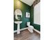 Stylish powder room with deep green walls, pedestal sink, modern fixtures, and bright natural light at 10622 Pleasant Branch Dr # 8, Raleigh, NC 27614