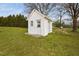 Charming white storage shed on a lush lawn with a door and a window, offering practical outdoor storage at 123 Glasgow Dr, Clayton, NC 27520