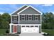 Charming two-story home with a two-car garage, red front door, gray siding, and dark shutters at 213 Suburban Meadow Pass, Wendell, NC 27591
