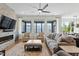 Bright living room boasts hardwood floors, a stone fireplace, and large windows for natural light at 2675 Beckwith Rd, Apex, NC 27523